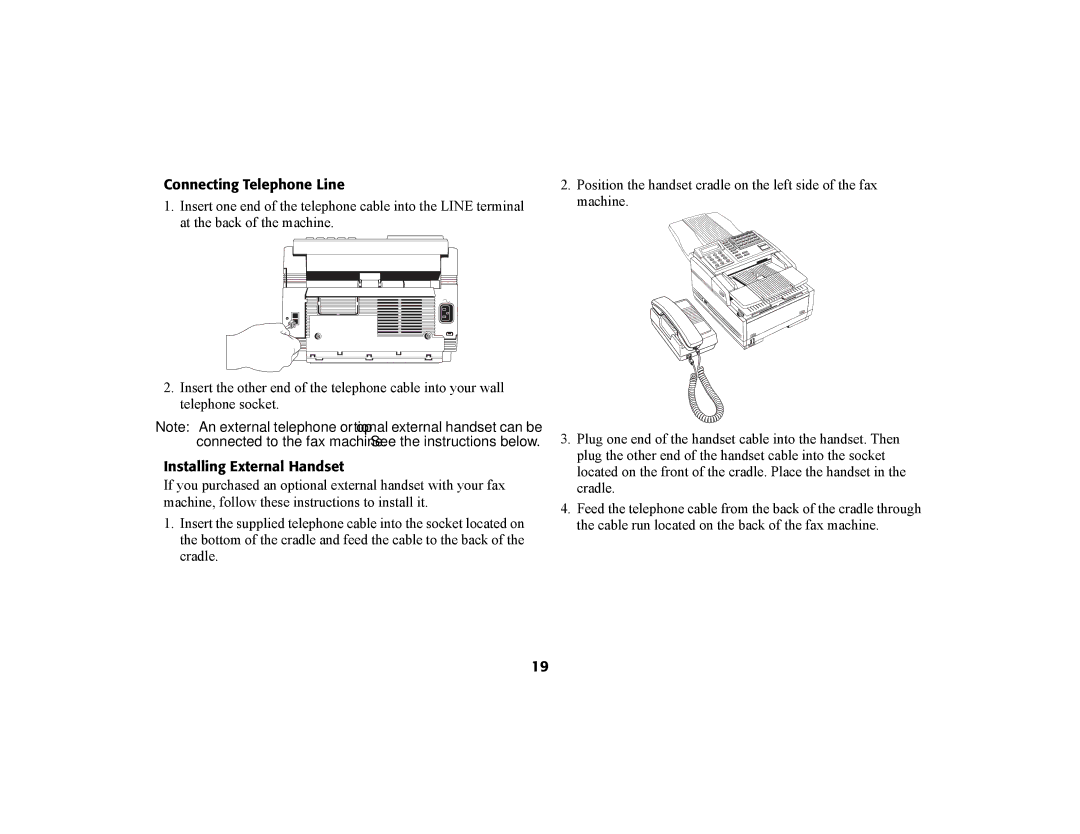 Oki 56801 manual Connecting Telephone Line, Installing External Handset 