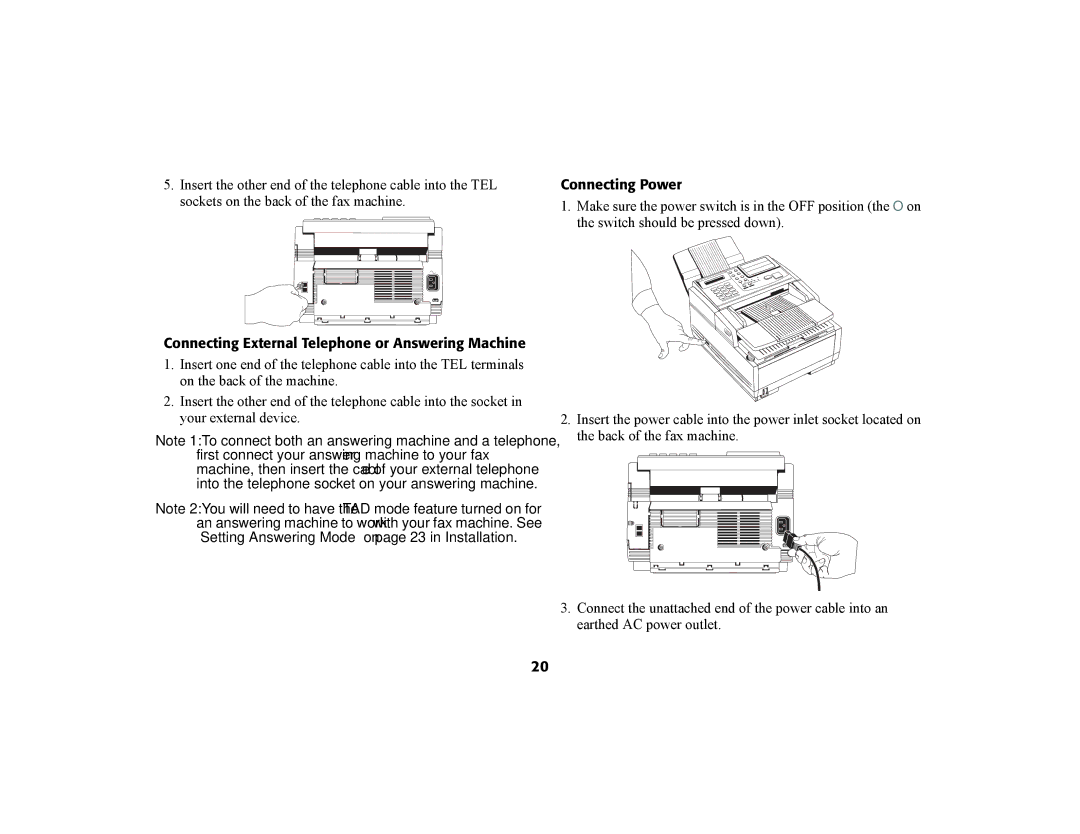 Oki 56801 manual Connecting External Telephone or Answering Machine, Connecting Power 