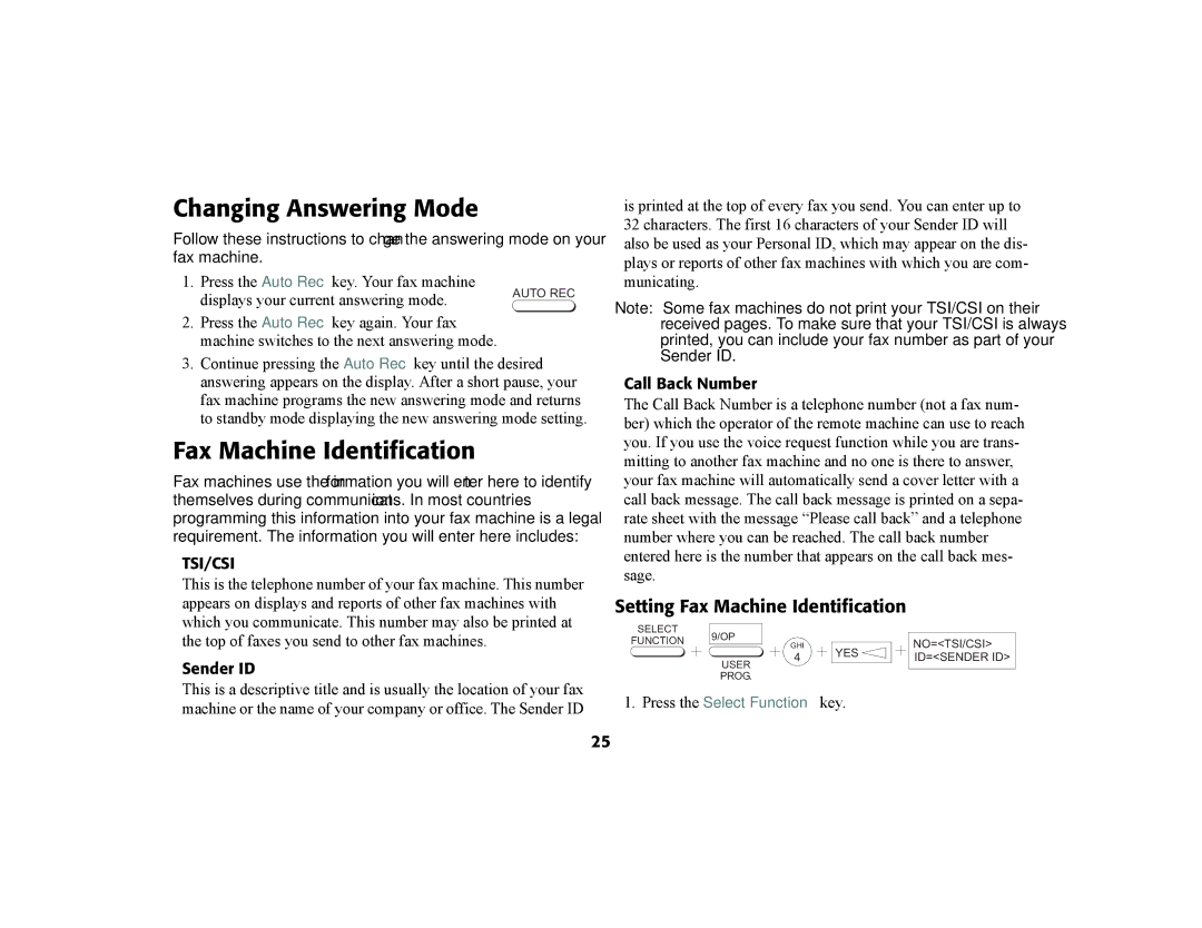 Oki 56801 manual Changing Answering Mode, Setting Fax Machine Identification, Call Back Number, Sender ID 