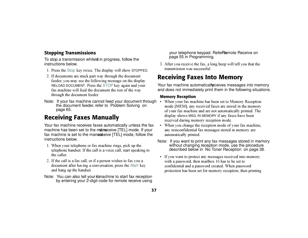 Oki 56801 manual Receiving Faxes Manually, Receiving Faxes Into Memory, Stopping Transmissions, Memory Reception 