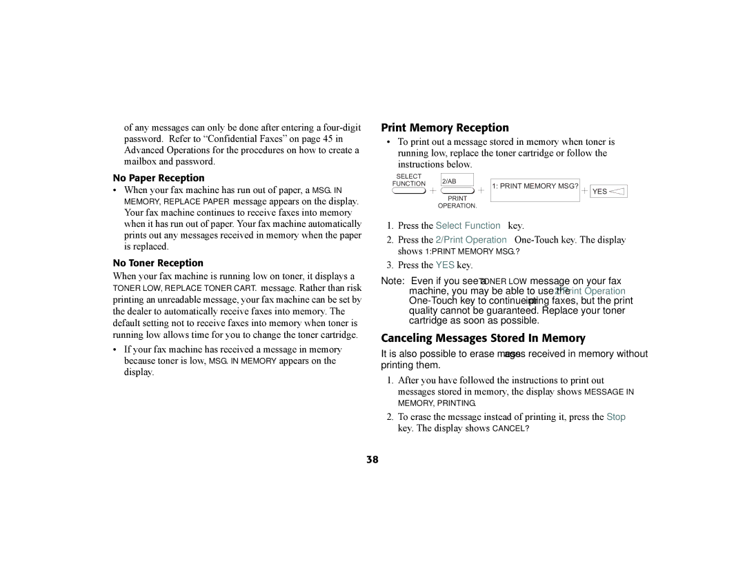 Oki 56801 manual Print Memory Reception, Canceling Messages Stored In Memory, No Paper Reception, No Toner Reception 