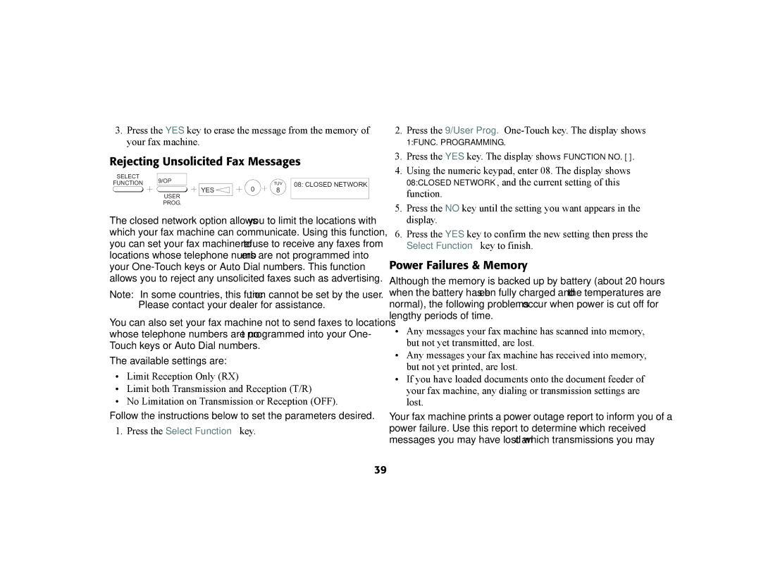 Oki 56801 manual Rejecting Unsolicited Fax Messages, Power Failures & Memory 