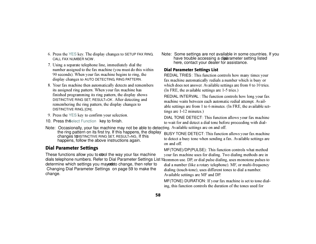 Oki 56801 manual Press the YES key. The display changes to Setup FAX Ring, Dial Parameter Settings List 