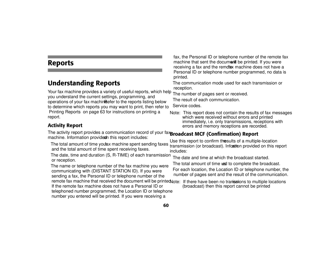 Oki 56801 manual Understanding Reports, Activity Report, Broadcast MCF Confirmation Report 