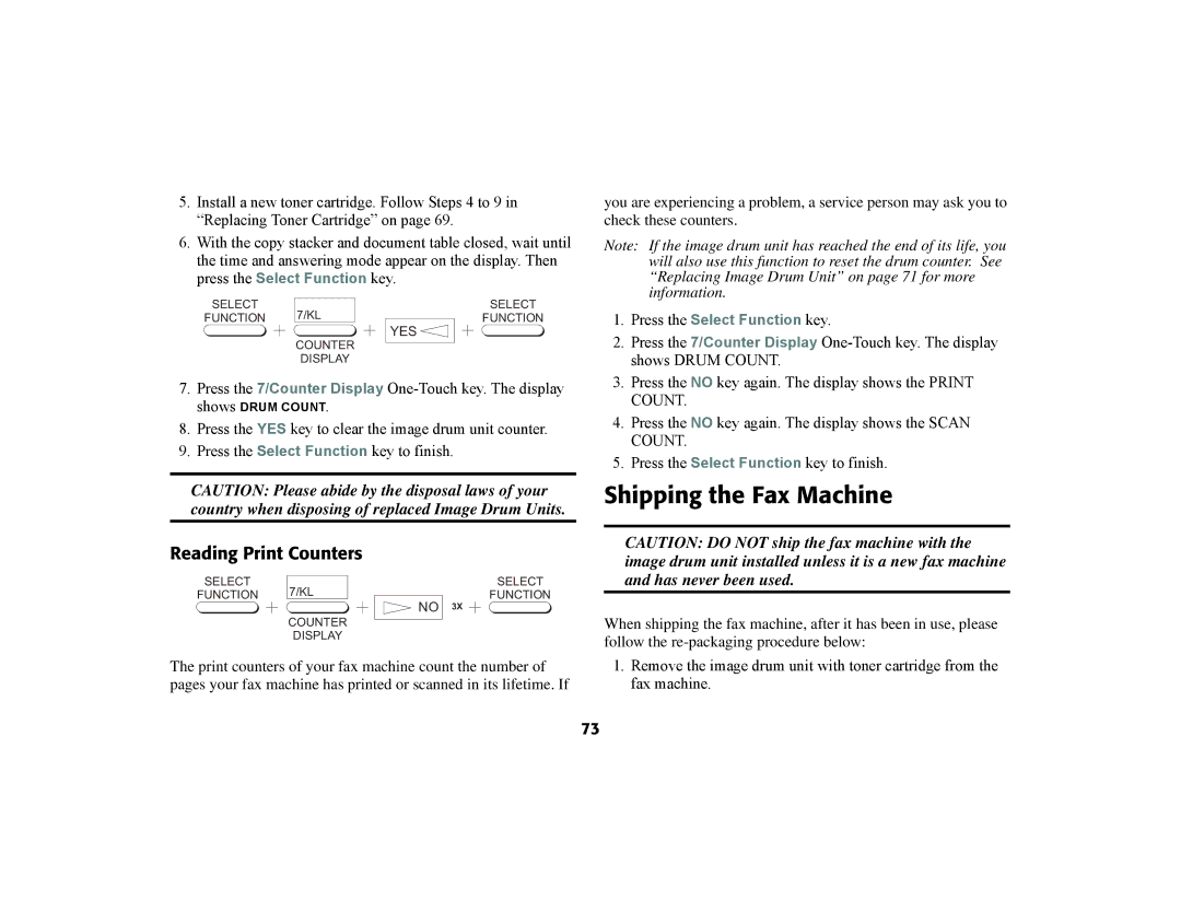 Oki 56801 manual Shipping the Fax Machine, Reading Print Counters, Shows Drum Count 