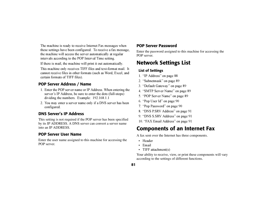 Oki 56801 manual Network Settings List, Components of an Internet Fax, POP Server Address / Name, POP Server User Name 