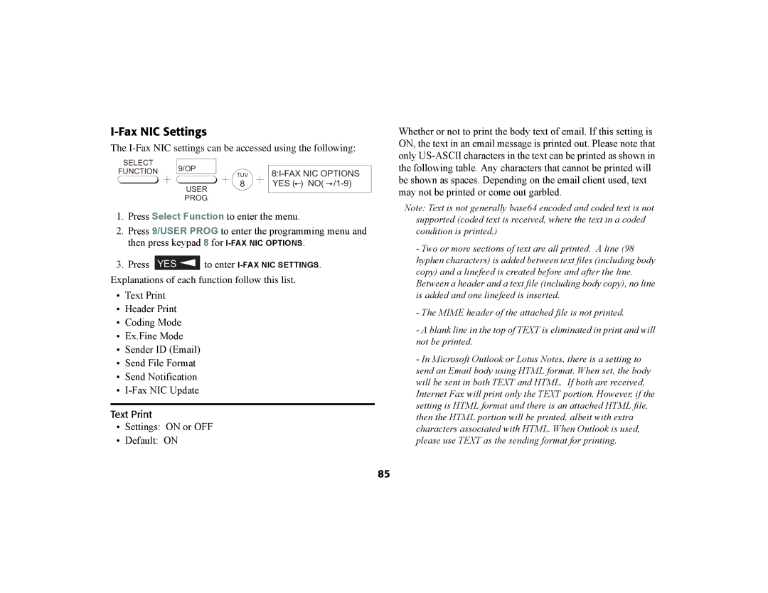 Oki 56801 manual Fax NIC Settings, I-Fax NIC settings can be accessed using the following, Text Print 