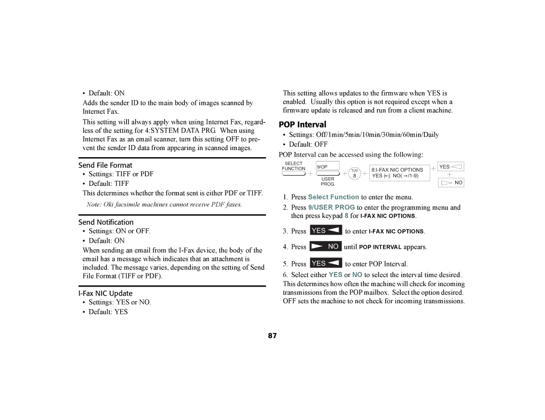 Oki 56801 manual POP Interval, Send File Format, Default Tiff, Send Notification, Fax NIC Update 