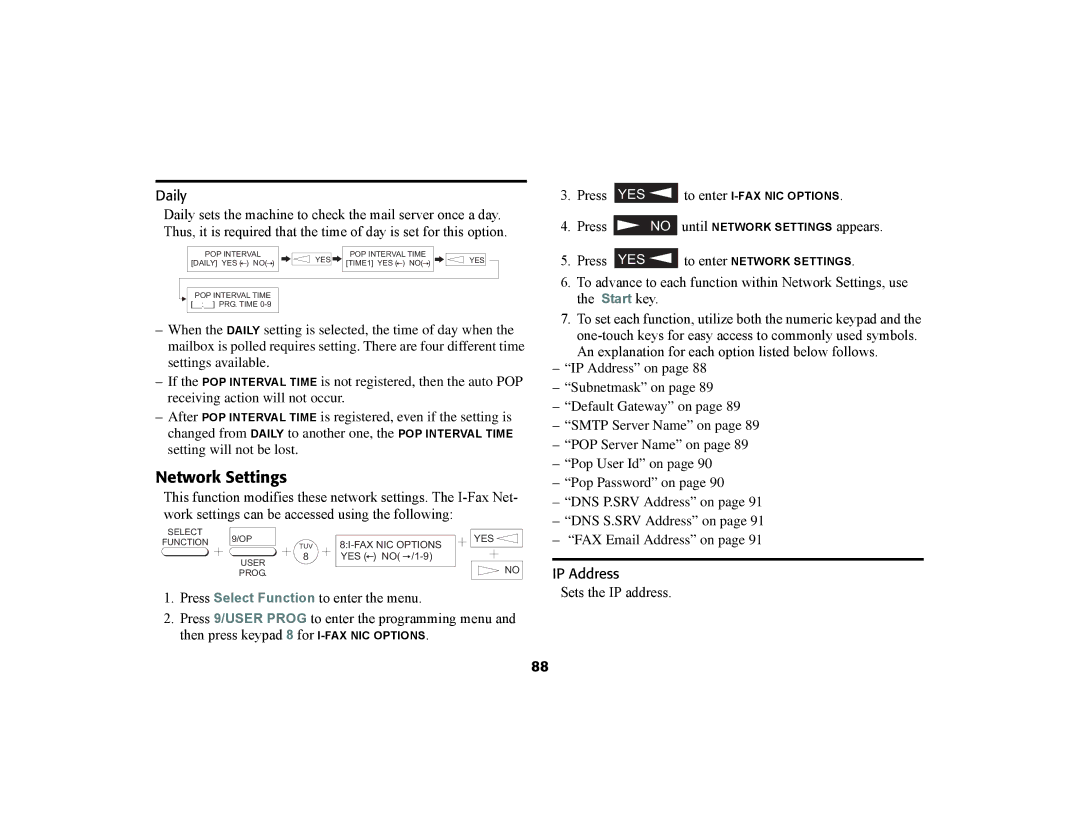 Oki 56801 manual Network Settings, Daily, Press, IP Address, Sets the IP address 