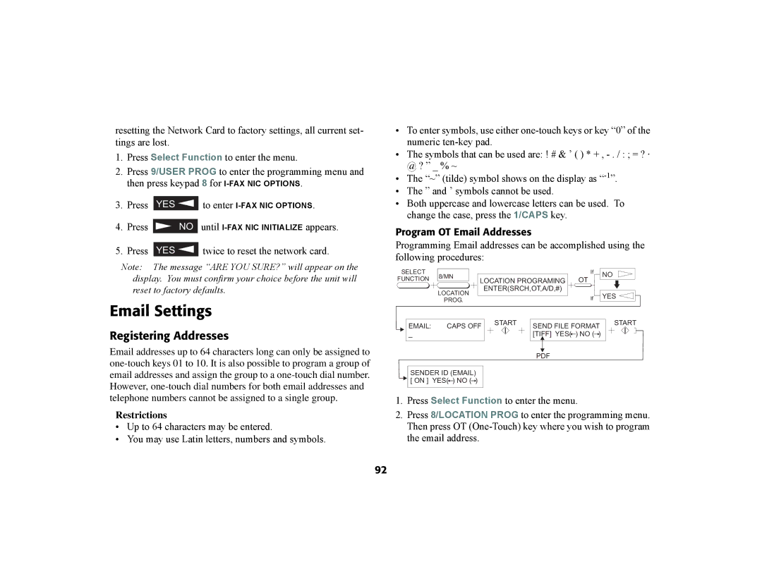 Oki 56801 Email Settings, Registering Addresses, Press YES twice to reset the network card, Program OT Email Addresses 