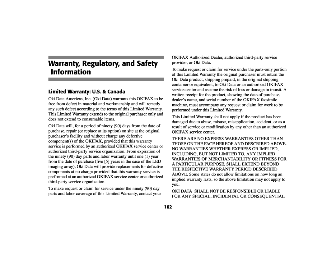 Oki 56801 manual Warranty, Regulatory, and Safety Information, Limited Warranty U.S. & Canada 