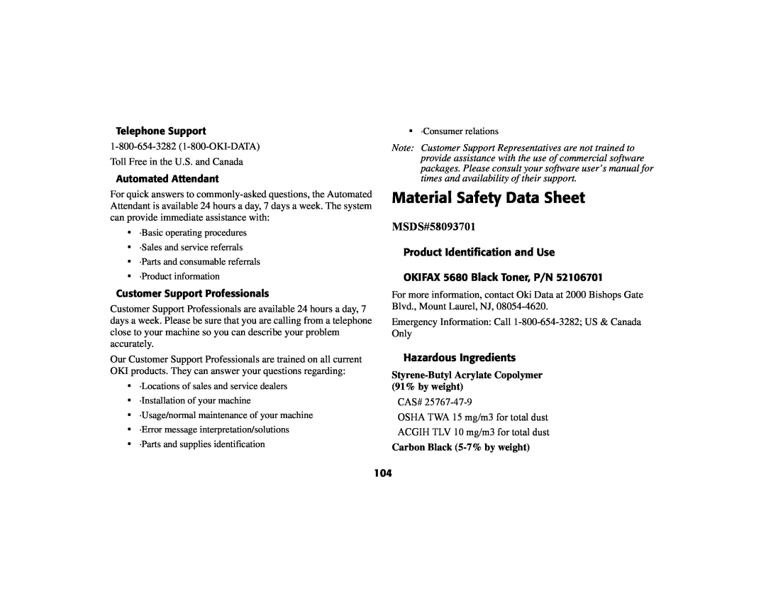 Oki 56801 manual Material Safety Data Sheet, MSDS#58093701, Product Identification and Use OKIFAX 5680 Black Toner, P/N 
