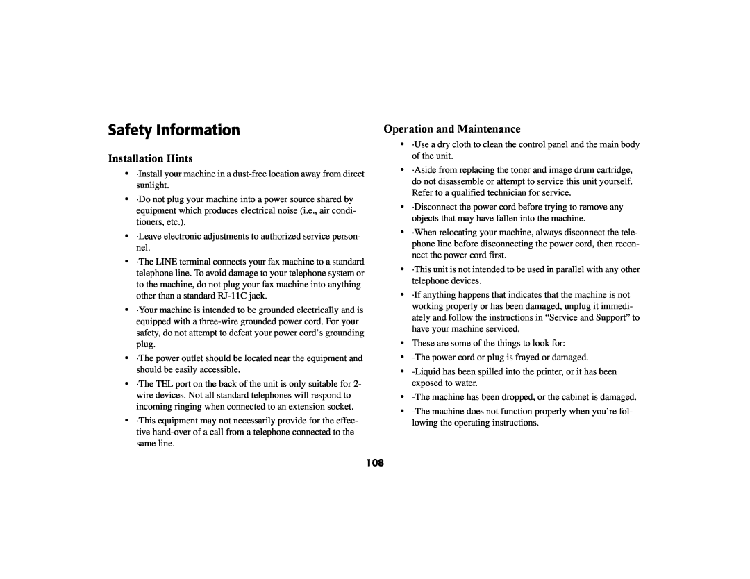 Oki 56801 manual Safety Information, Installation Hints, Operation and Maintenance 