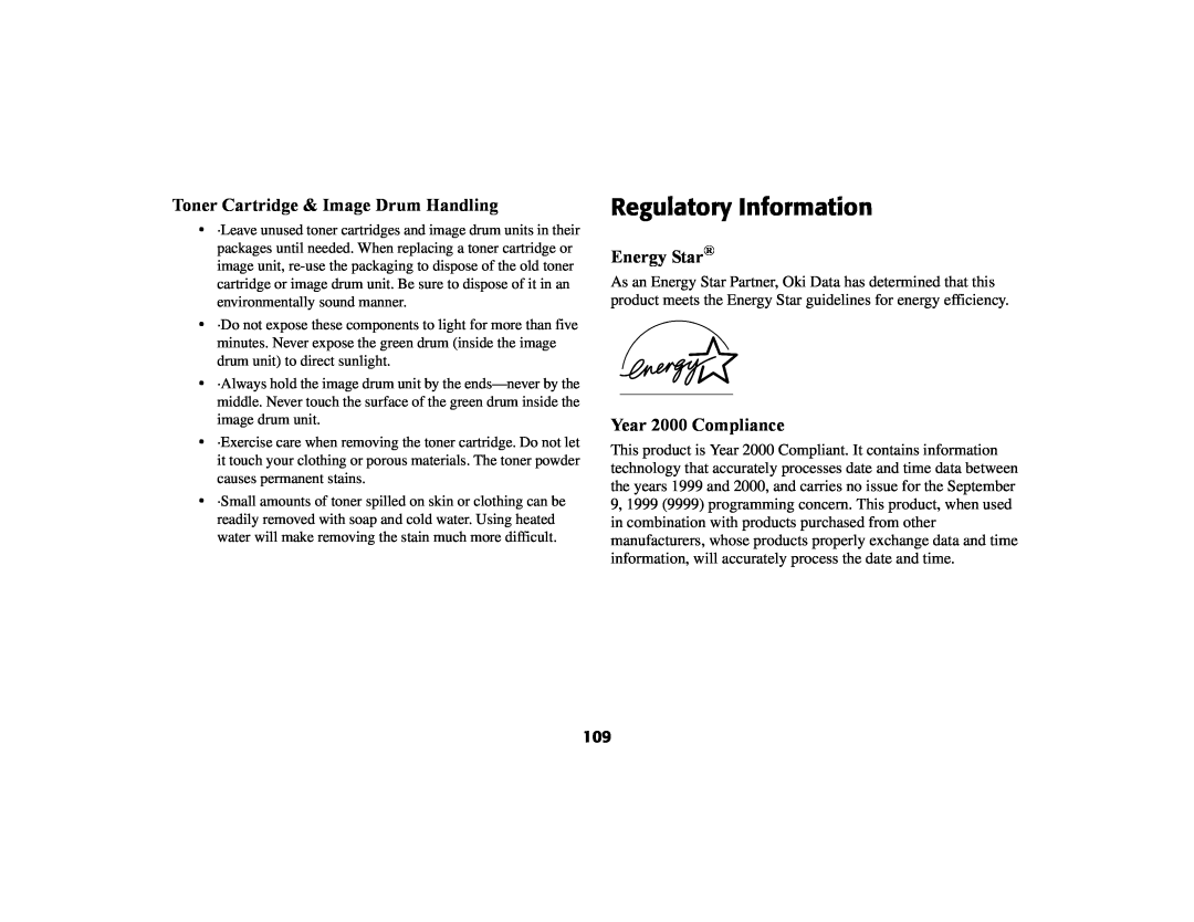 Oki 56801 manual Regulatory Information, Toner Cartridge & Image Drum Handling, Energy Star, Year 2000 Compliance 