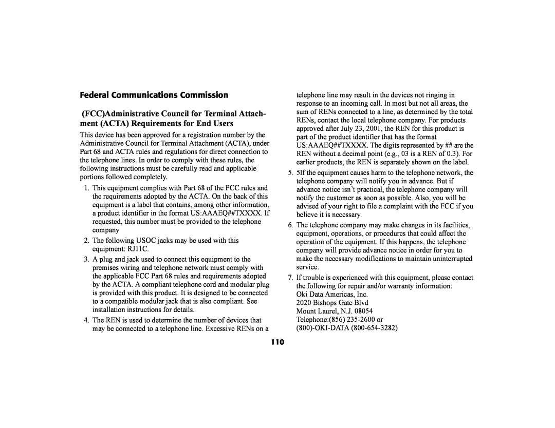 Oki 56801 manual Federal Communications Commission 