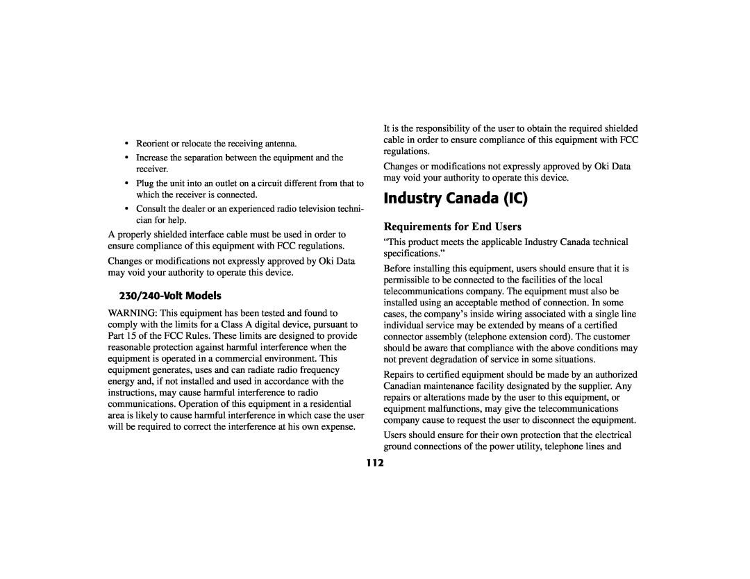 Oki 56801 manual Industry Canada IC, Requirements for End Users, 230/240-Volt Models 