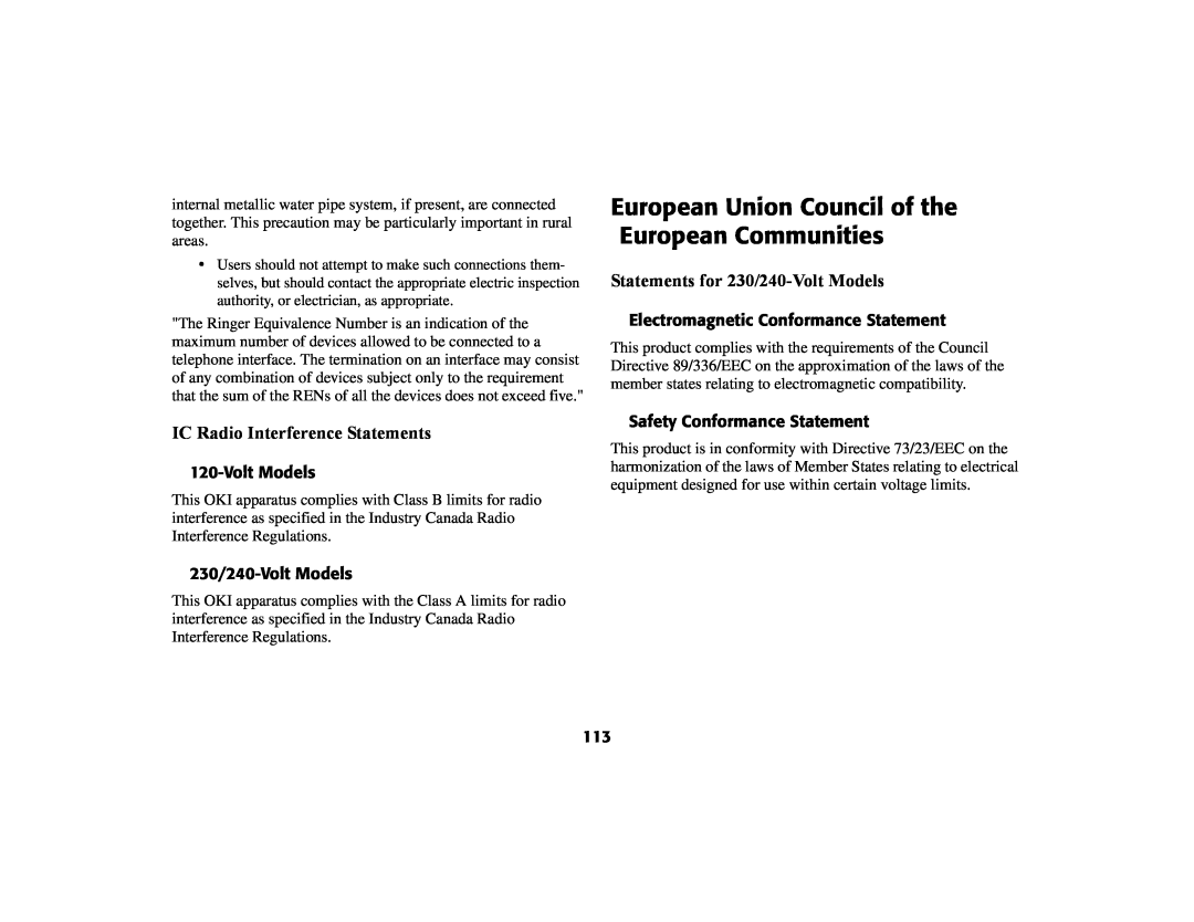 Oki 56801 manual European Union Council of the European Communities, IC Radio Interference Statements, Volt Models 