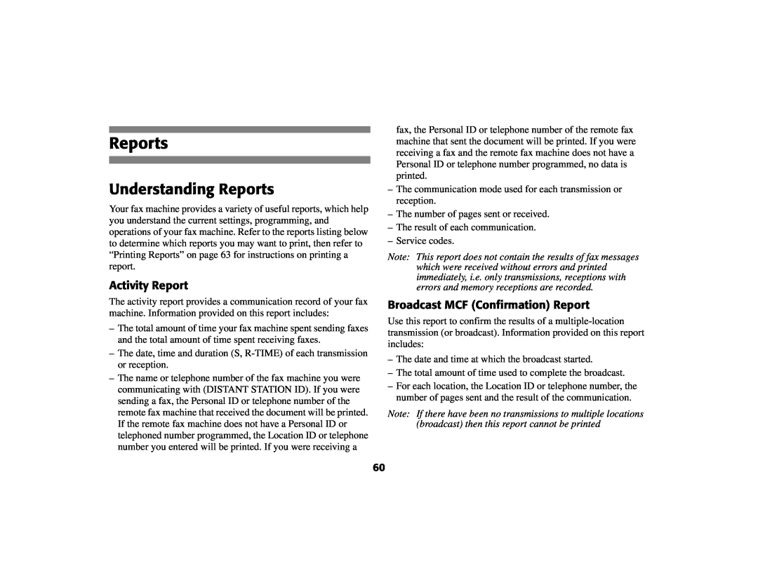 Oki 56801 manual Understanding Reports, Activity Report, Broadcast MCF Confirmation Report 