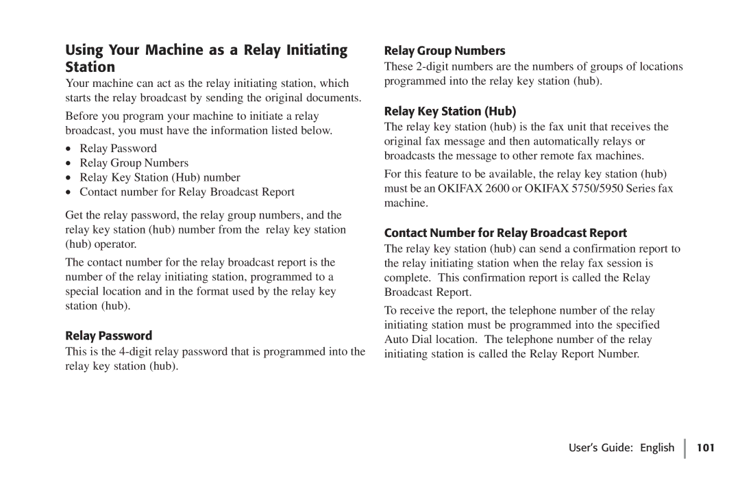 Oki 59502 Using Your Machine as a Relay Initiating Station, Relay Password, Relay Group Numbers, Relay Key Station Hub 