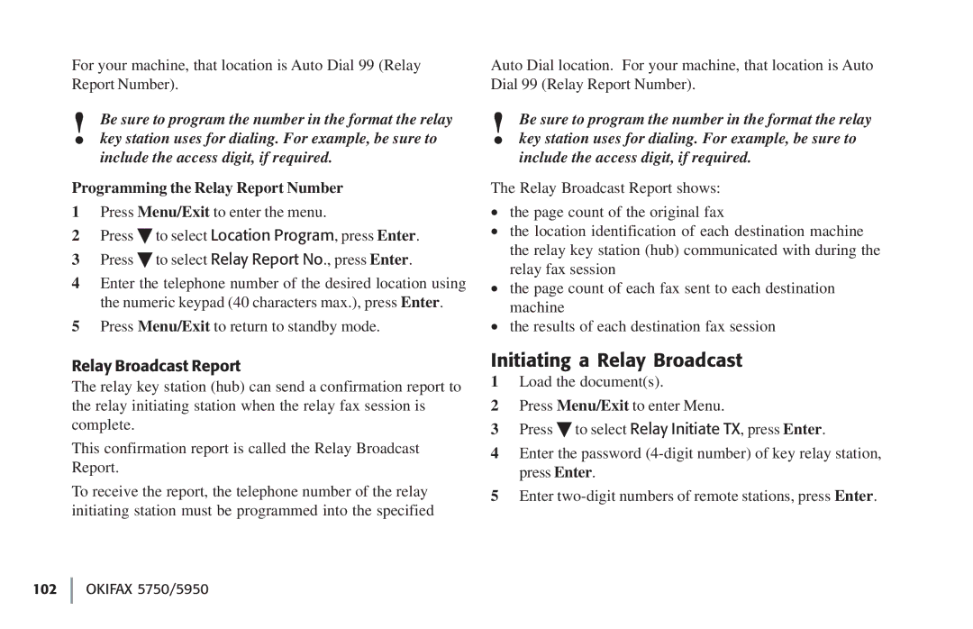 Oki 5750, 59502 manual Initiating a Relay Broadcast, Programming the Relay Report Number, Relay Broadcast Report 