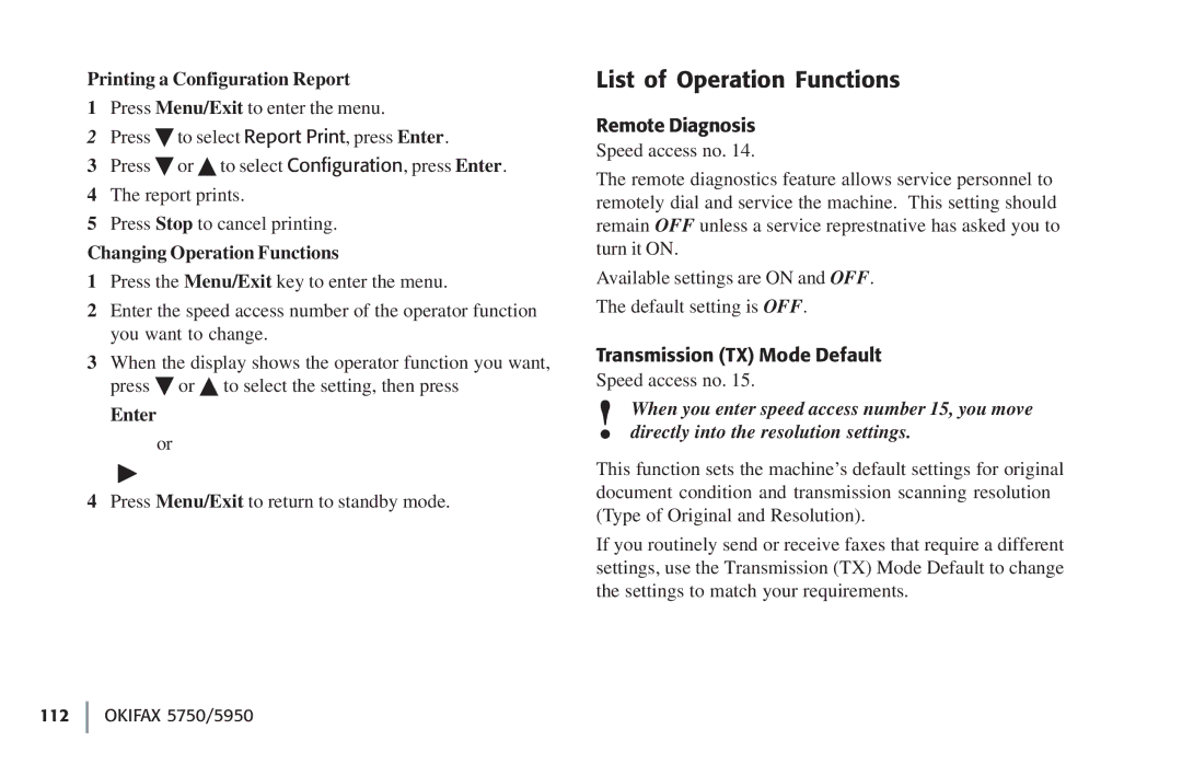 Oki 5750, 59502 manual List of Operation Functions, Printing a Configuration Report, Changing Operation Functions, Enter 