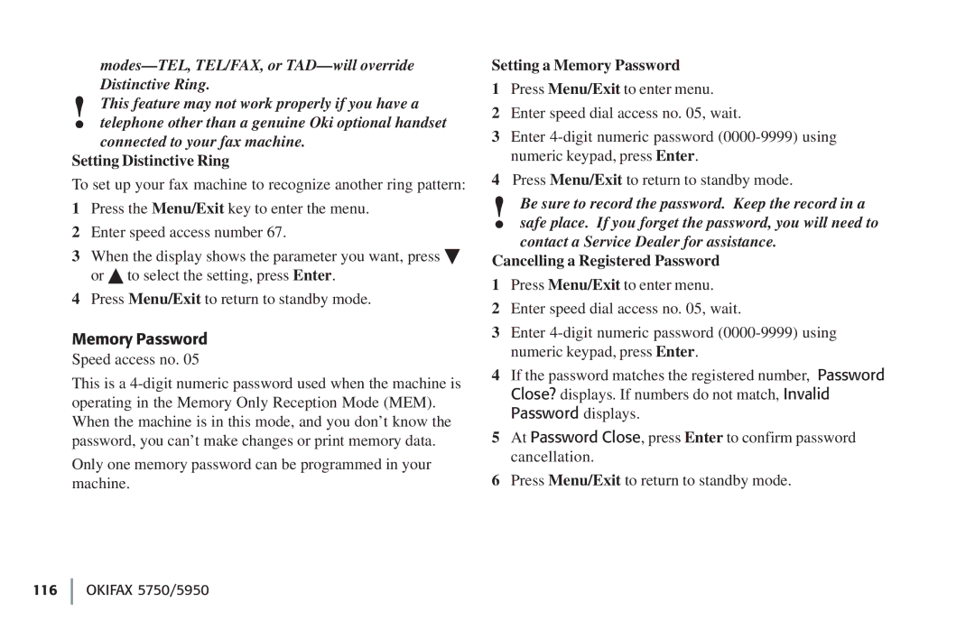 Oki 5750, 59502 manual Setting Distinctive Ring, Setting a Memory Password, Cancelling a Registered Password 