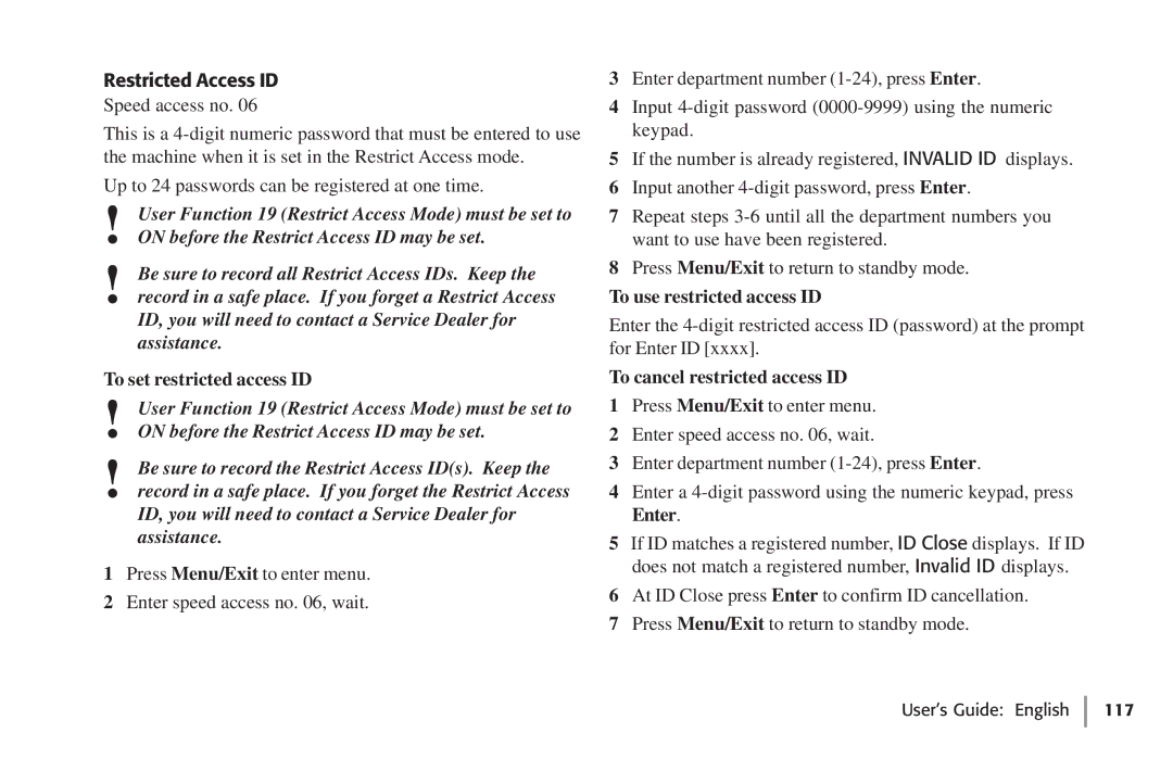 Oki 59502 Restricted Access ID, To set restricted access ID, To use restricted access ID, To cancel restricted access ID 