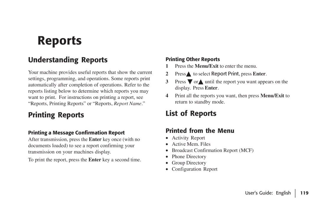 Oki 59502, 5750 manual Understanding Reports, Printing Reports, List of Reports, Printed from the Menu 