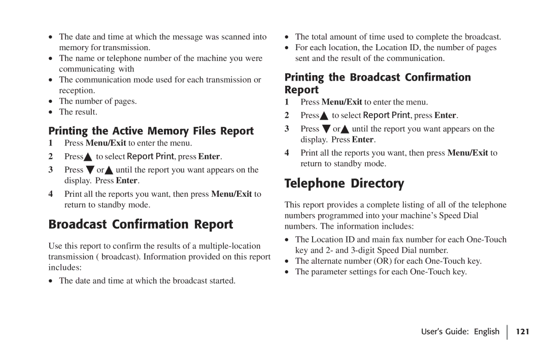 Oki 59502, 5750 manual Broadcast Confirmation Report, Telephone Directory, Printing the Active Memory Files Report 