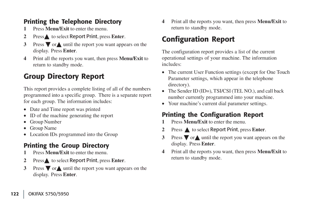 Oki 5750 Group Directory Report, Configuration Report, Printing the Telephone Directory, Printing the Group Directory 