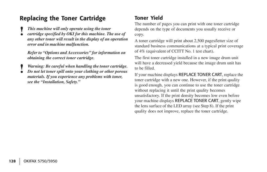 Oki 5750, 59502 manual Replacing the Toner Cartridge, Toner Yield 