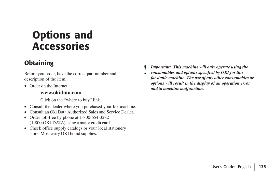 Oki 59502, 5750 manual Options Accessories, Obtaining 