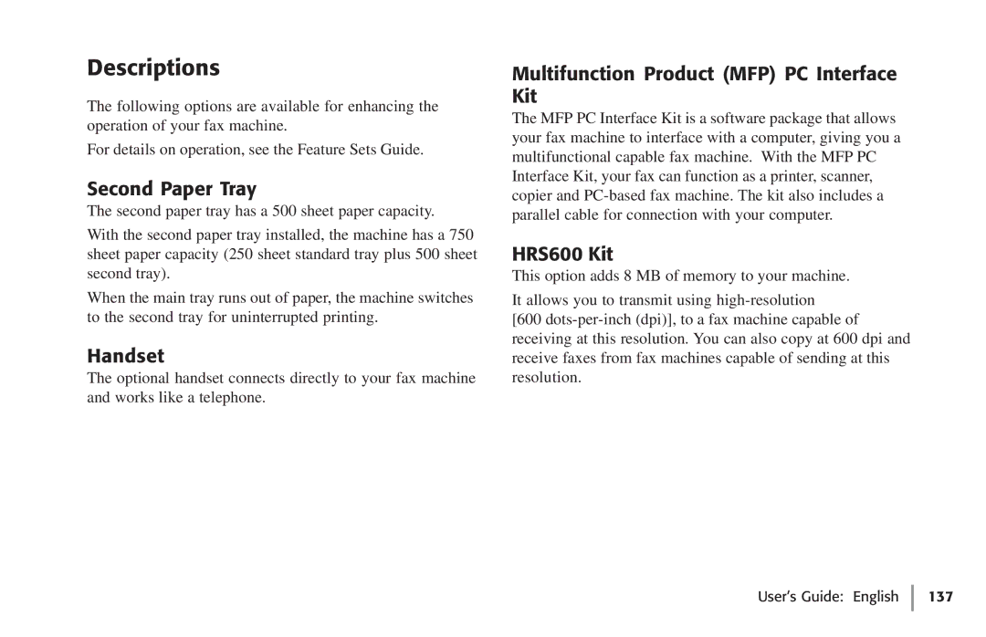 Oki 59502, 5750 manual Descriptions, Second Paper Tray, Handset, Multifunction Product MFP PC Interface Kit, HRS600 Kit 