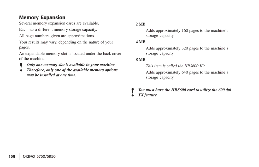 Oki 5750, 59502 manual Memory Expansion 