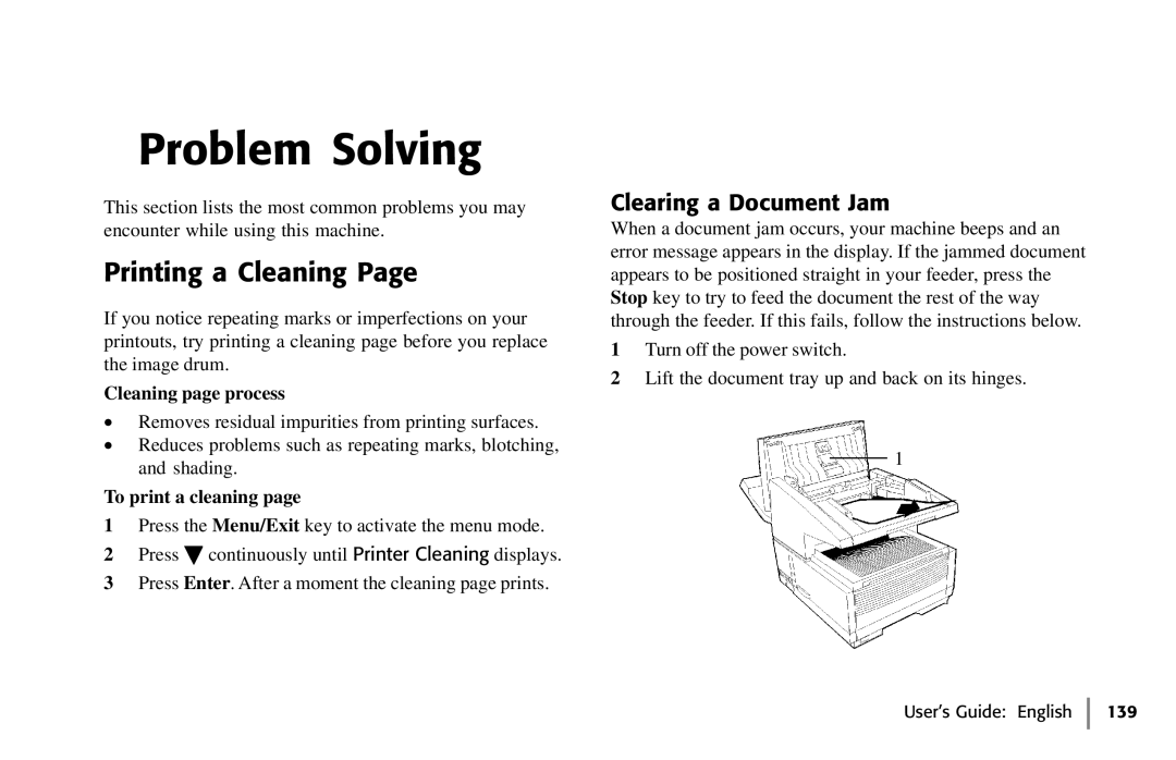 Oki 59502, 5750 Problem Solving, Printing a Cleaning, Clearing a Document Jam, Cleaning page process, To print a cleaning 