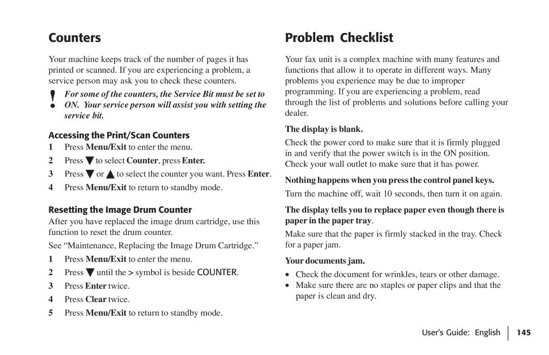 Oki 59502, 5750 manual Counters Problem Checklist, Display is blank, Nothing happens when you press the control panel keys 