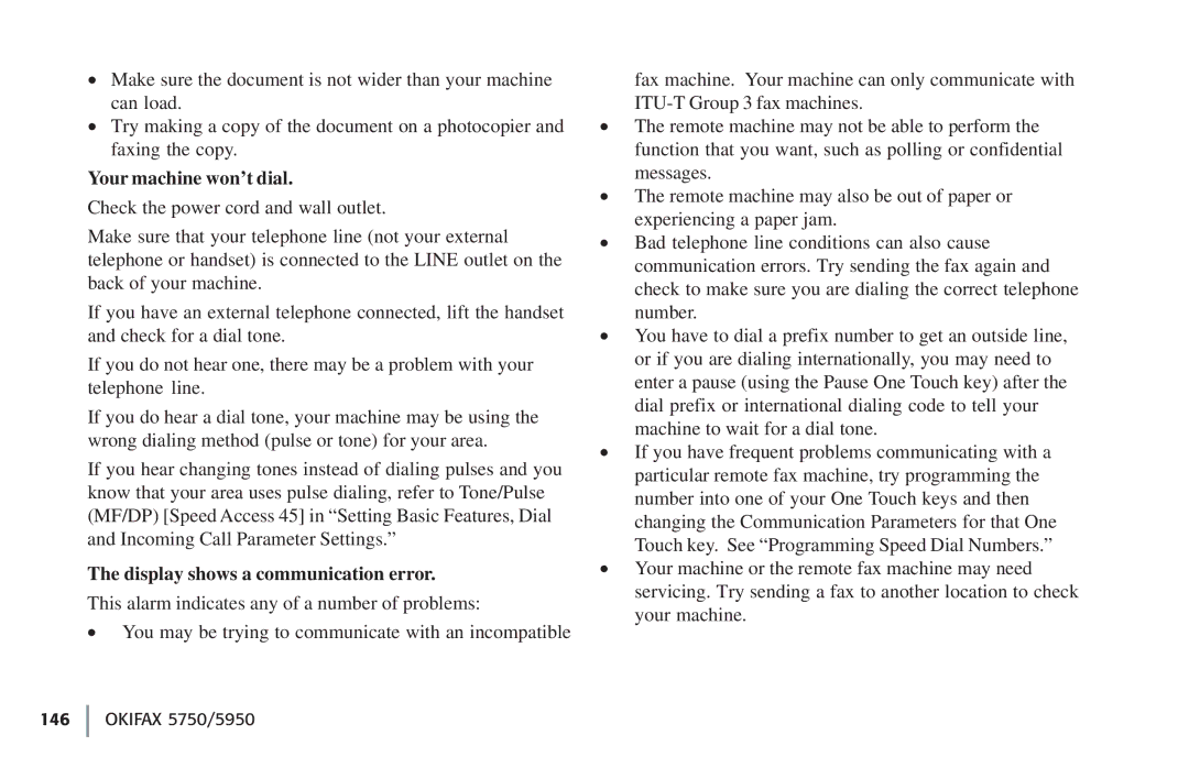 Oki 5750, 59502 manual Your machine won’t dial, Display shows a communication error 