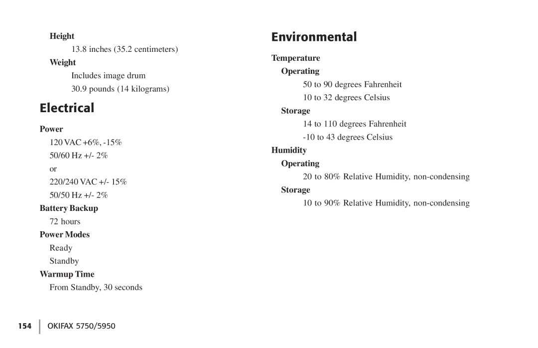 Oki 5750, 59502 manual Electrical, Environmental 