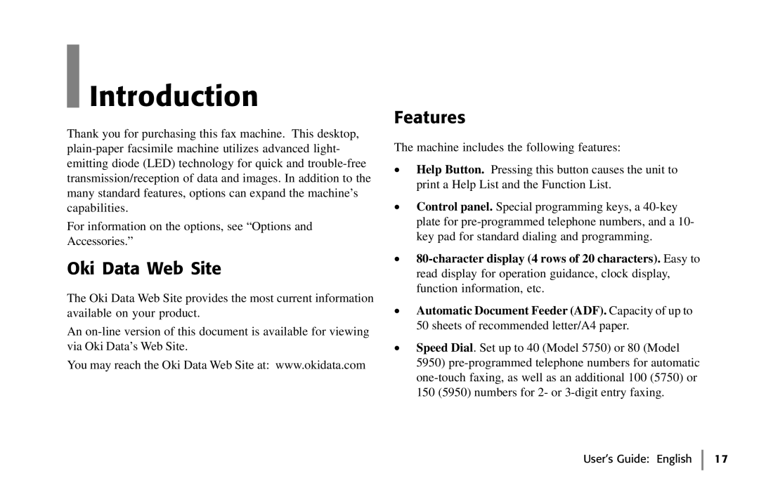 Oki 59502, 5750 manual Introduction, Oki Data Web Site, Features 