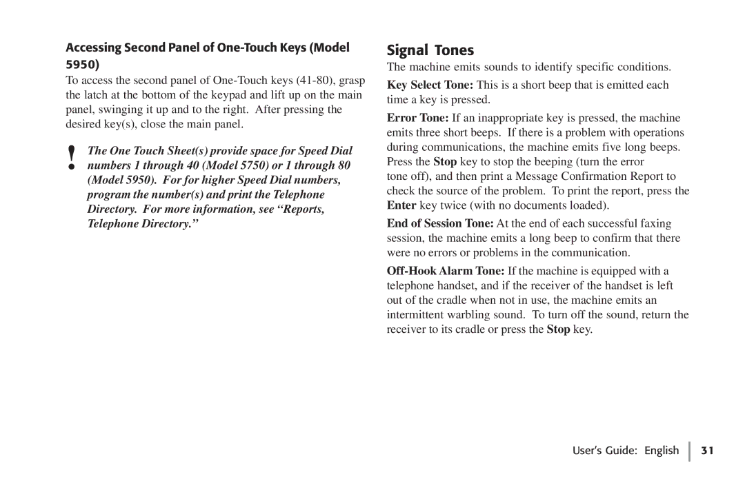 Oki 59502, 5750 manual Signal Tones, Accessing Second Panel of One-Touch Keys Model 