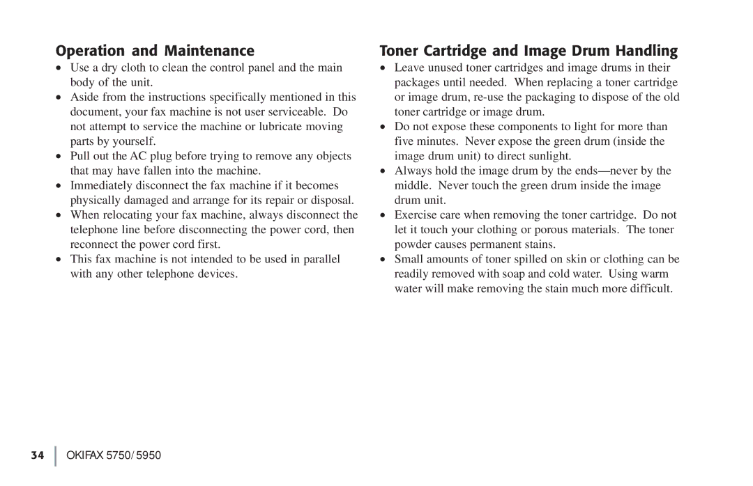 Oki 5750, 59502 manual Operation and Maintenance, Toner Cartridge and Image Drum Handling 