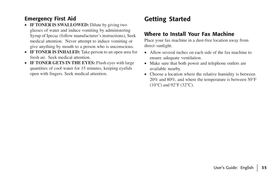 Oki 59502, 5750 manual Getting Started, Emergency First Aid, Where to Install Your Fax Machine 