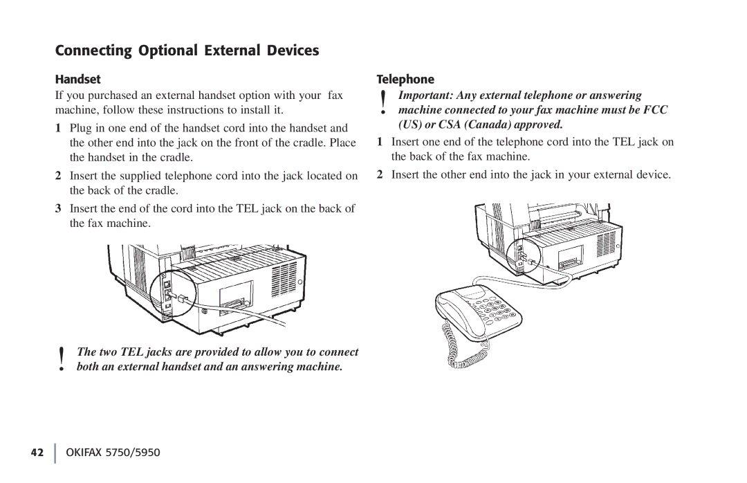 Oki 5750, 59502 manual Connecting Optional External Devices, Handset, Telephone 