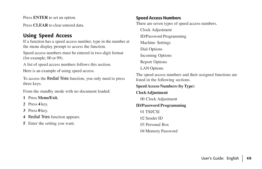 Oki 59502 Using Speed Access, Press Menu/Exit, Speed Access Numbers by Type ClockAdjustment, ID/Password Programming 