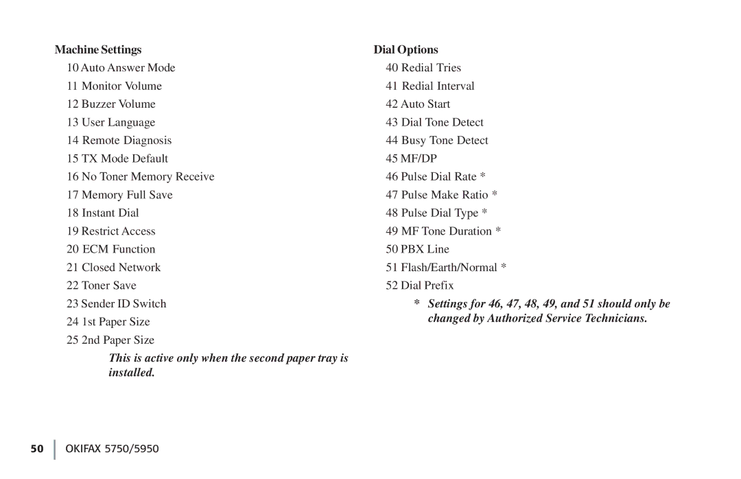 Oki 5750, 59502 manual Machine Settings Dial Options, This is active only when the second paper tray is Installed 