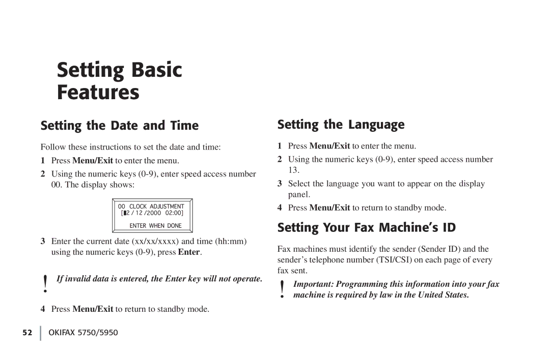 Oki 5750, 59502 Setting Basic Features, Setting the Date and Time, Setting the Language, Setting Your Fax Machine’s ID 