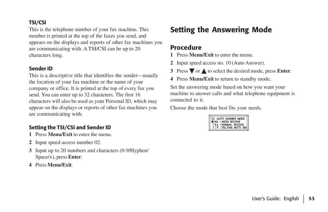 Oki 59502, 5750 manual Setting the Answering Mode, Procedure, Setting the TSI/CSI and Sender ID 