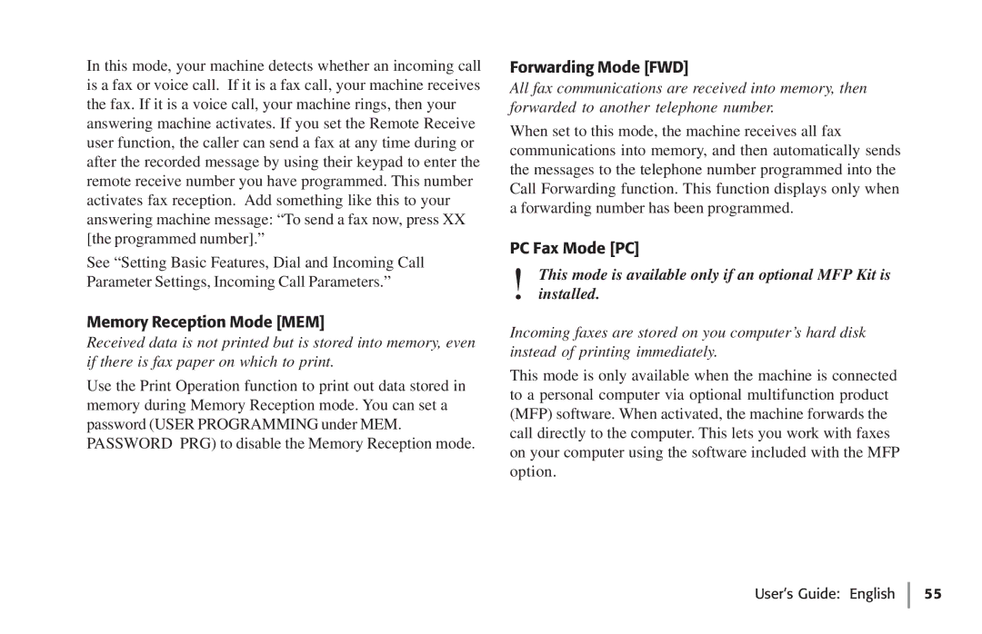 Oki 59502, 5750 manual Memory Reception Mode MEM, Forwarding Mode FWD, PC Fax Mode PC 