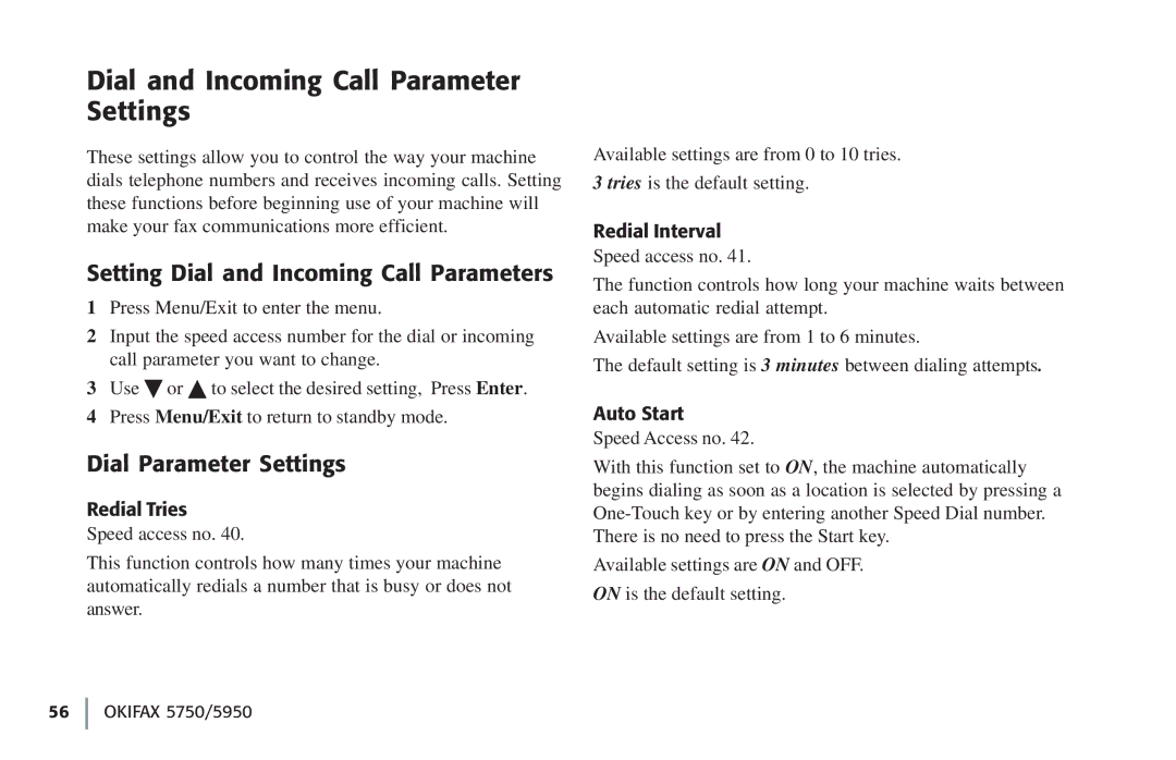 Oki 5750 Dial and Incoming Call Parameter Settings, Setting Dial and Incoming Call Parameters, Dial Parameter Settings 