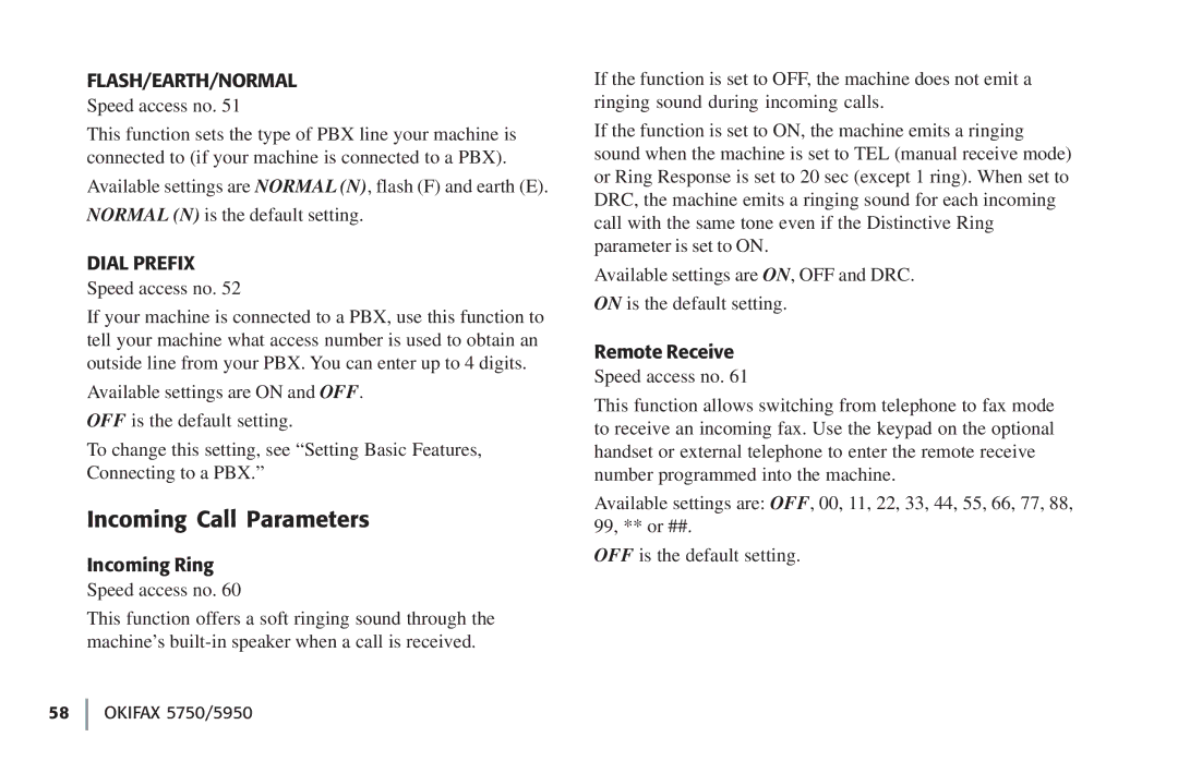 Oki 5750, 59502 manual Incoming Call Parameters, Incoming Ring, Remote Receive 